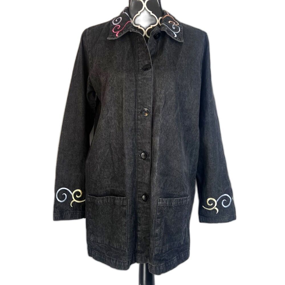 Denim‎ & Co Black Button Front Denim Tunic Cotton Shirt Embroidered Size Small